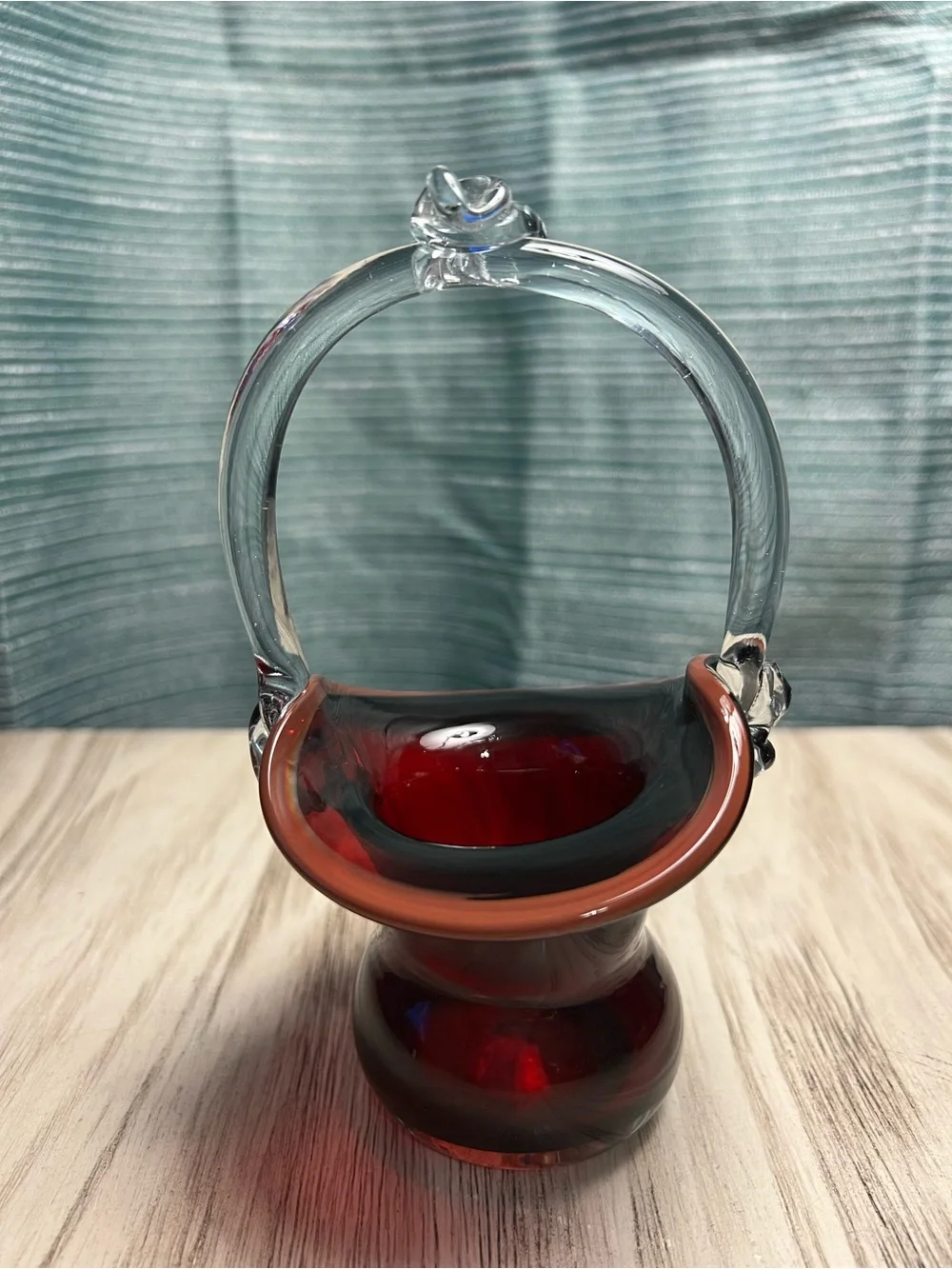 Hand Blown Ruby Red Art Glass Basket Clear Handle Decorative Bowl Vase